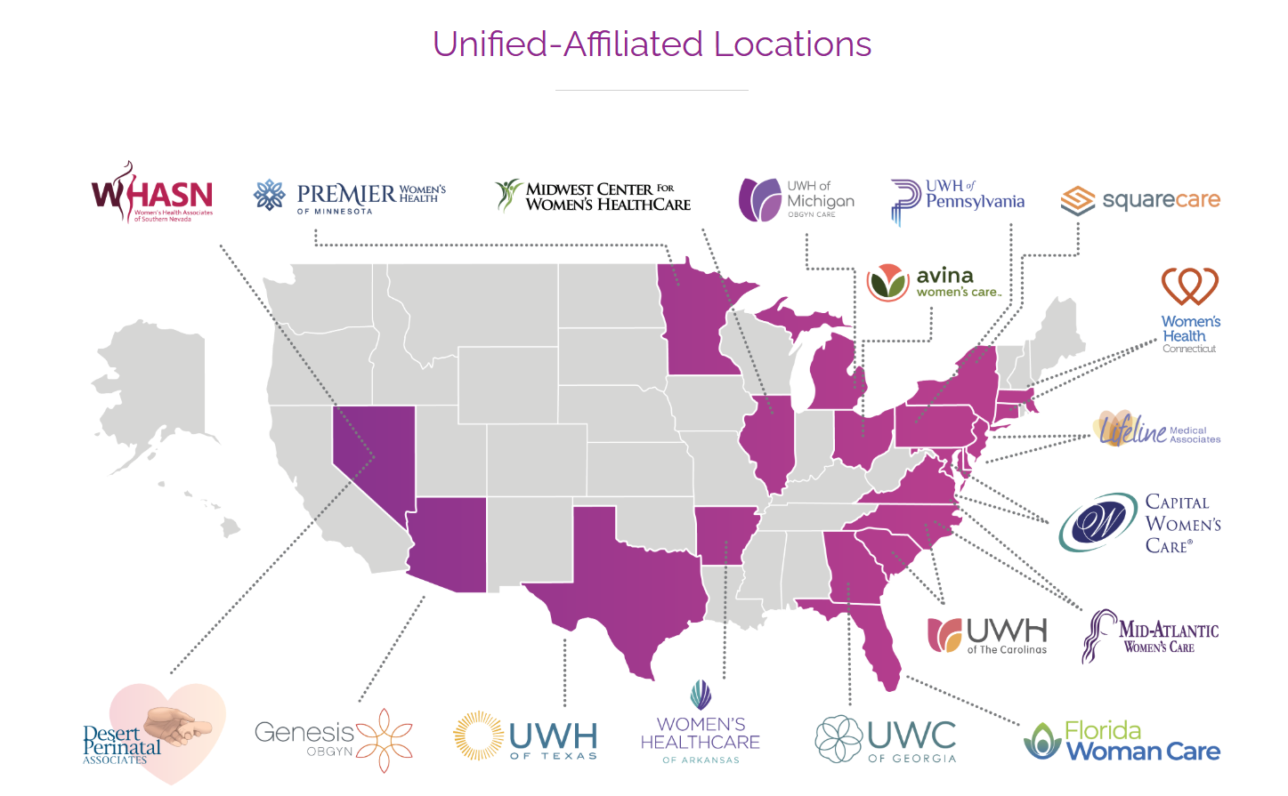 US Map showing the Unified Affiliated Locations